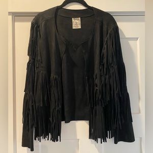 Black Fringe Faux Suede Jacket - Size Large - Worn Once